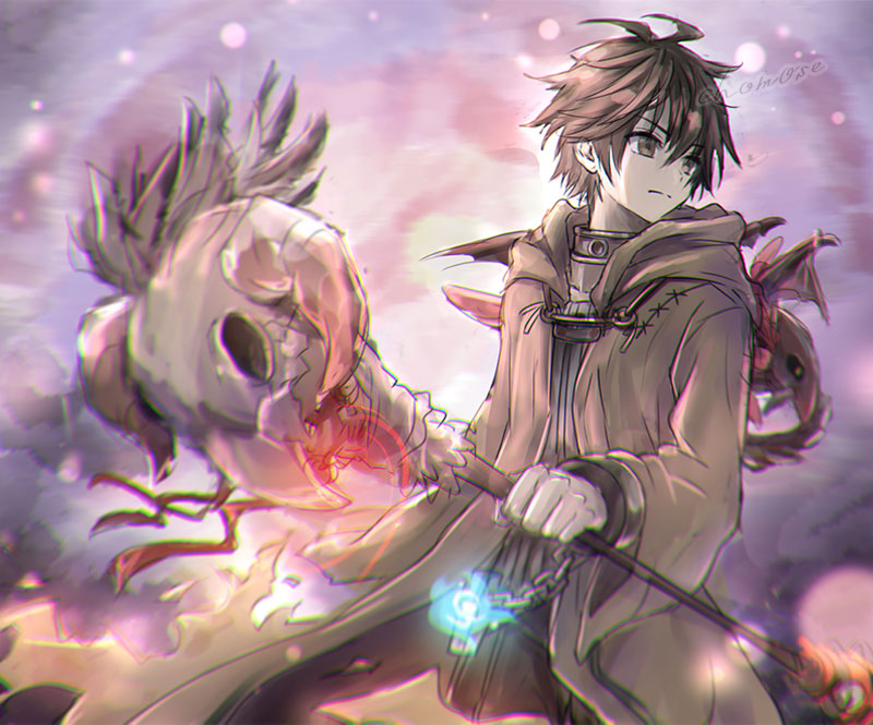 1boy, animal_skull, brown_eyes, brown_hair, chain, chomose, cowboy_shot, cuffs, dharc_the_dark_charmer, dharc_the_dark_charmer_gloomy, duel_monster, holding, holding_staff, hood, hood_down, male_focus, robe, short_hair, sketch, skull, solo, staff, torn_clothes, twitter_username, yu-gi-oh!