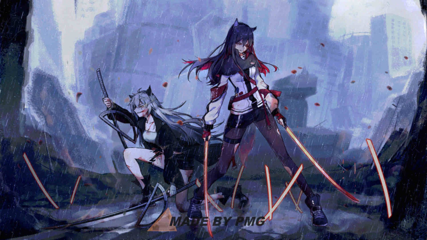 2girls, animal_ears, arknights, artist_name, bangs, black_footwear, black_hair, black_jacket