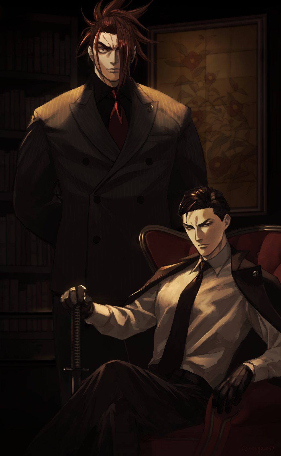 2boys, alternate_costume, bangs, black_eyes, black_gloves, black_hair, black_jacket, black_necktie