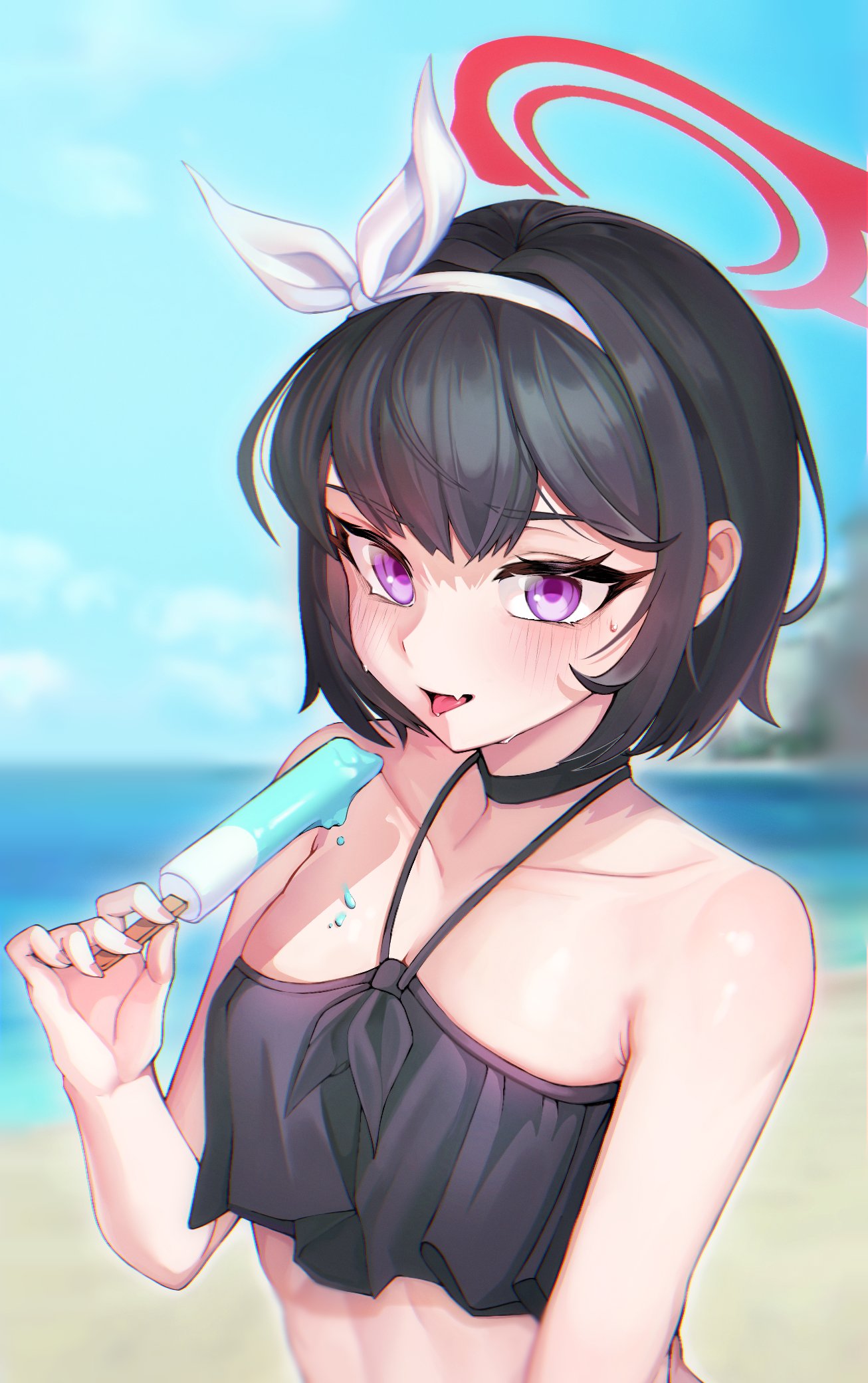 1girl, beach, bikini, black_hair, blue_archive, blue_sky, blush, choker