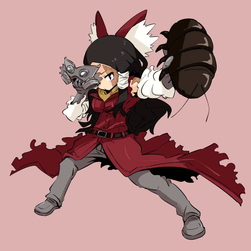 1girl, bangs, belt, big_roach_(cookie), black_belt, black_hair, breasts, bug