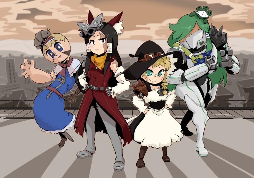 4girls, alice_margatroid, android, apron, armor, bandaid, bandaid_on_face, bandaid_on_nose