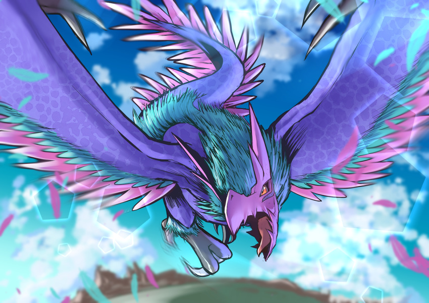 blue_sky, claws, clouds, commentary, day, digimon, digimon_(creature), feathered_wings
