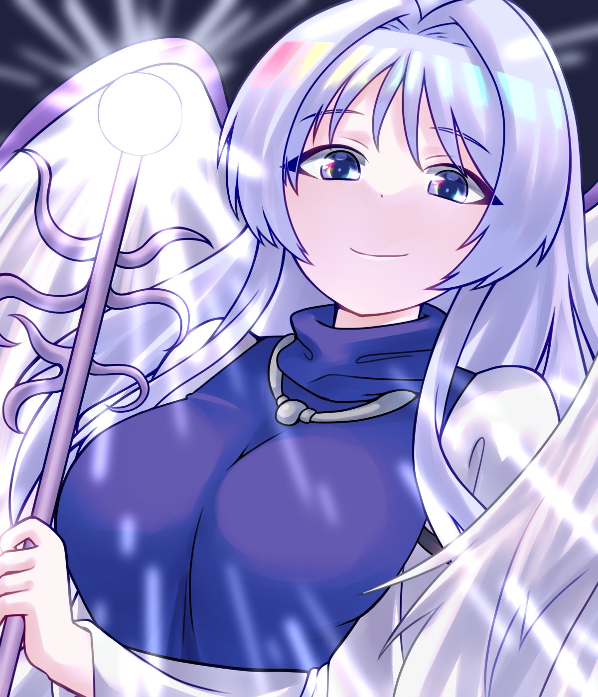 1girl, angel, angel_wings, bangs, blue_dress, blue_eyes, breasts, closed_mouth