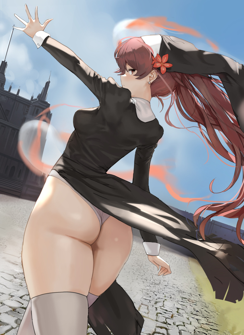 1girl, absurdres, ass, ass_focus, beil, black_dress, blue_sky, breasts