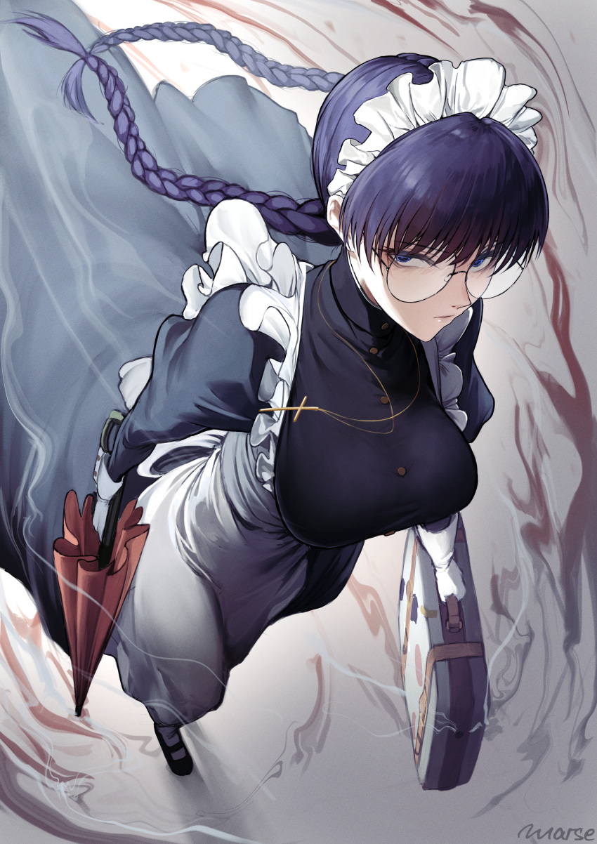 1girl, absurdres, apron, bangs, black_dress, black_lagoon, blue_eyes, braid