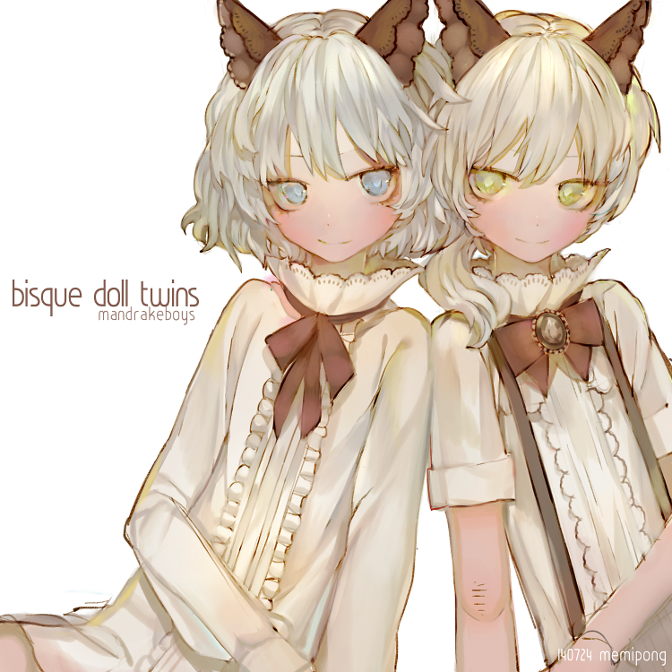 2boys, androgynous, animal_ears, blue_eyes, blush, brothers, carminea_crimson, cat_ears, covent_garden_market, green_eyes, leaning_on_person, long_sleeves, looking_at_viewer, male_focus, matching_outfit, memipong, multiple_boys, otoko_no_ko, saibai_shounen, shirt, siblings, smile, twins, white_hair, white_shirt