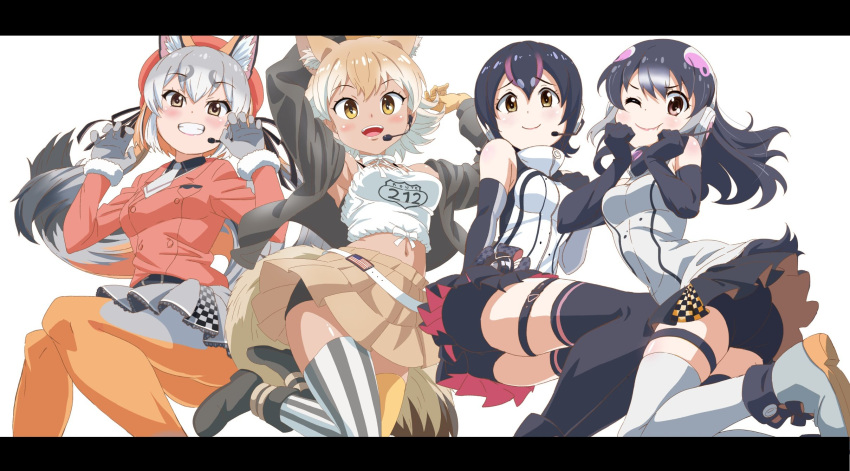1girl, 4girls, african_penguin_(kemono_friends), american_flag, animal_ears, asymmetrical_legwear, bare_shoulders, beige_skirt