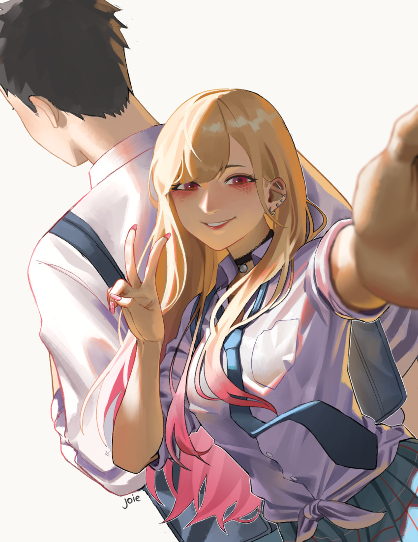 1boy, 1girl, absurdres, artist_name, bangs, black_choker, blonde_hair, choker