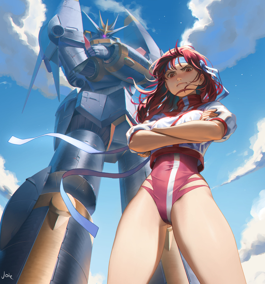 1girl, absurdres, artist_name, blue_headband, blue_sky, brown_eyes, crossed_arms, day, from_below, gunbuster, gunbuster_pose, headband, highres, joie, leotard, looking_at_viewer, looking_down, mecha, pink_leotard, redhead, signature, sky, takaya_noriko, top_wo_nerae!