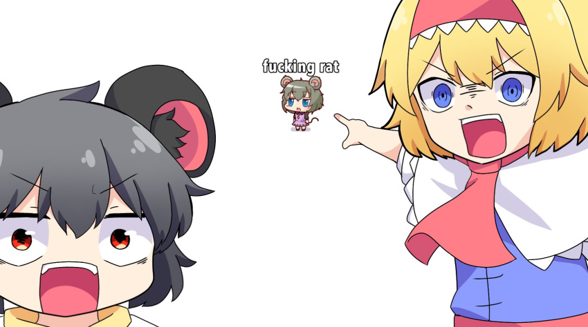 3girls, alice_margatroid, alternate_costume, ascot, bad_id, bad_twitter_id, bangs, blonde_hair, blue_eyes, capelet, commentary, cookie_(touhou), dress, english_text, eyebrows_visible_through_hair, fake_nyon_(cookie), grey_hair, hairband, highres, ichigo_(cookie), jewelry, looking_at_viewer, meme, multiple_girls, nazrin, nyon_(cookie), open_mouth, pendant, pink_dress, pointing_at_another, profanity, red_ascot, red_eyes, red_hairband, red_sash, sash, short_hair, simple_background, totozame, touhou, two_soyjaks_pointing_(meme), upper_body, white_background, white_capelet