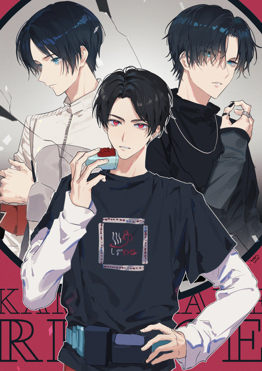 3boys, absurdres, armband, black_nails, black_shirt, broken_mirror, brothers, copyright_name