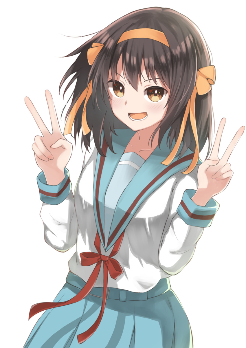 1girl, :d, bangs, belt, blue_sailor_collar, blue_skirt, blush, brown_eyes