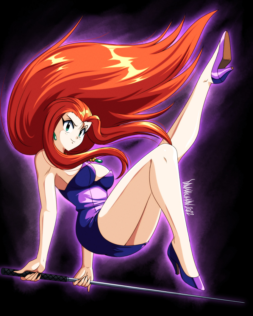 1girl, 2022, absurdres, aura, black_background, breasts, danmakuman, dress