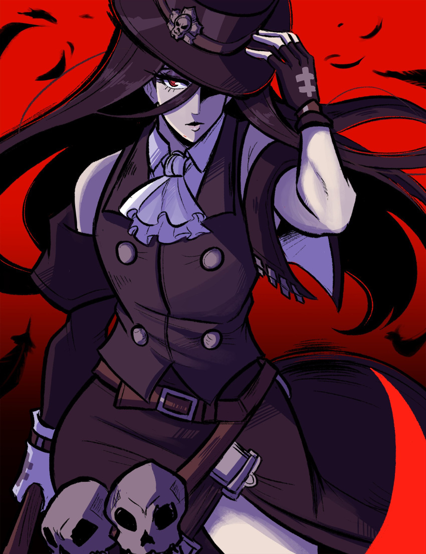 1other, absurdres, androgynous, bare_shoulders, belt, black_hair, eyelashes, feathers