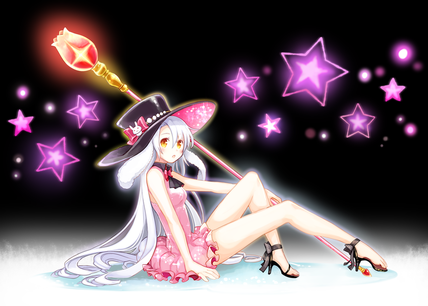 1girl, animal_ears, arched_soles, arm_support, bangs, bare_legs, black_background, black_collar, black_neckwear, bow, breasts, bunny_ornament, collar, commentary, dress, feet, floppy_ears, frilled_dress, frills, glowing, hagihiyo_(hagihiyo525), high_heels, knee_up, large_hat, leaning_back, legs, long_hair, looking_at_viewer, magic, magical_girl, medium_breasts, open_mouth, orange_eyes, original, pink_bow, pink_dress, plantar_flexion, rabbit_ears, ribbon, shiny, shiny_clothes, shiny_hair, shiny_skin, short_dress, sidelocks, silver_hair, sitting, sleeveless, sleeveless_dress, solo, sparkle, staff, star_(symbol), strappy_heels, striped, striped_ribbon, toes, very_long_hair