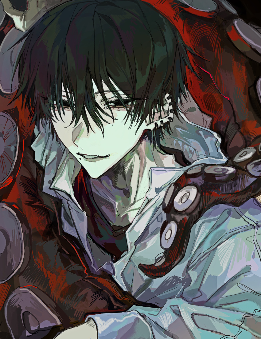 1boy, absurdres, black_eyes, black_hair, black_shirt, chainsaw_man, demon, earrings