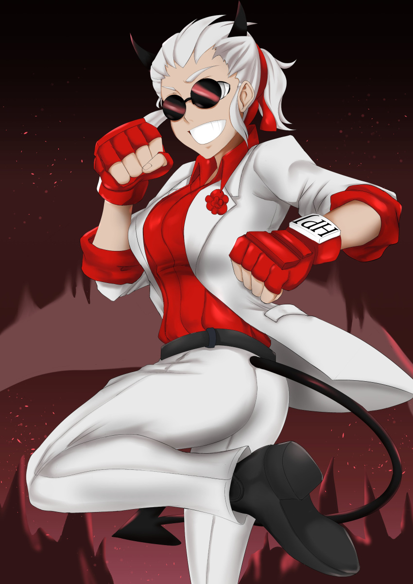 1girl, absurdres, alternate_costume, bandana, belt, demon_girl, demon_horns, demon_tail, gloves, helltaker, highres, horns, justice_(helltaker), kasey_n._moore, panties, red_gloves, red_shirt, shirt, smile, sunglasses, tail, underwear, white_panties