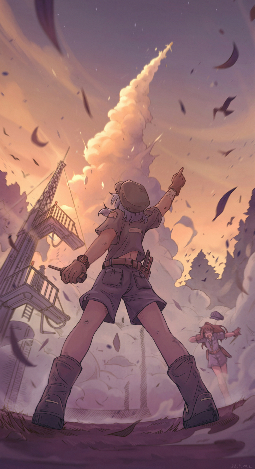 1other, 2girls, absurdres, adapted_costume, animal, arm_at_side, arm_up, bandaged_arm, bandages, belt, bird, blue_hair, blue_headwear, blue_shirt, blue_shorts, boots, brown_gloves, brown_hair, commentary_request, crow, evening, faceless, faceless_female, feathers, floating_hair, foreshortening, from_behind, from_below, full_body, gloves, hand_on_own_head, hat, headwear_removed, highres, holding, kappa, kawashiro_nitori, key_necklace, launch_pad, launching, long_hair, midriff_peek, multiple_girls, open_mouth, outdoors, outstretched_arm, pocket, pointing, pointing_up, radio, rocket, royl, shirt, shoe_soles, short_hair, short_sleeves, shorts, silhouette, smoke, smoke_trail, standing, touhou, tree, watch, watch