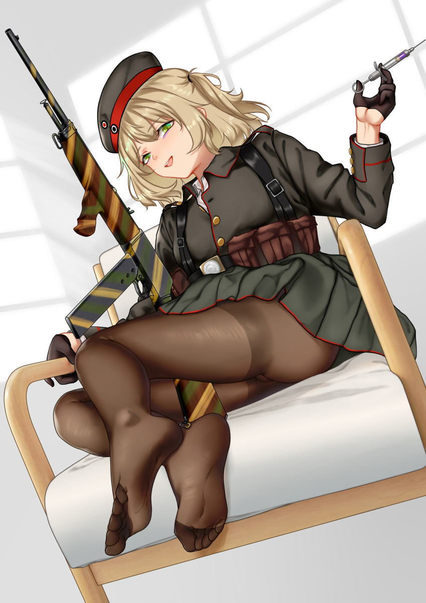 1girl, absurdres, battlefield_(series), battlefield_1, black_legwear, brown_hair, feet, gloves