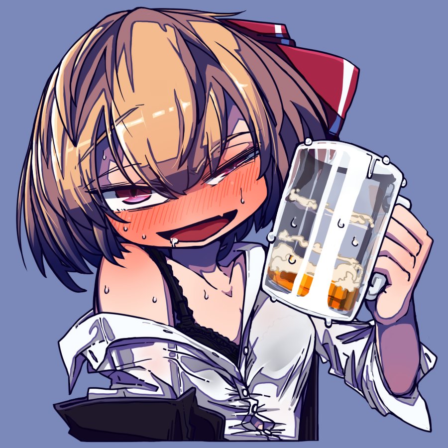 alcohol, awa_(bihidasu), beer, beer_mug, black_bra, blue_background, blush, bow, bra, cup, drooling, drunk, full-face_blush, hair_bow, looking_at_viewer, medium_hair, mug, open_mouth, red_bow, rumia, shirt, simple_background, single_bare_shoulder, squinting, touhou, underwear, violet_eyes, white_shirt