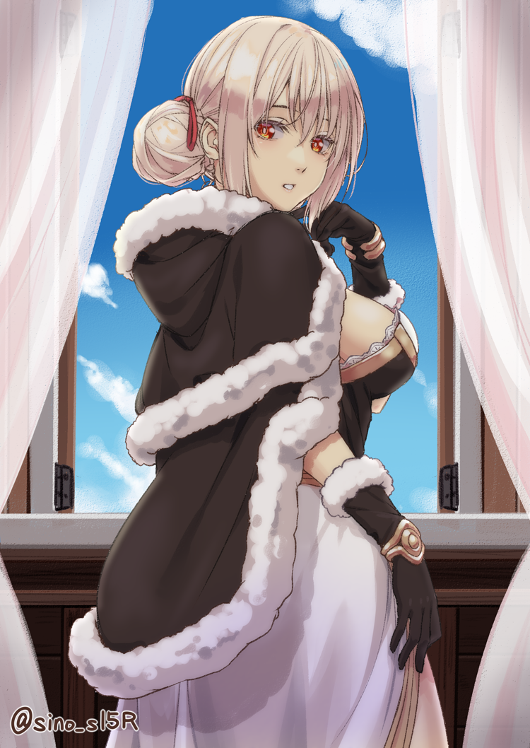 1girl, bangs, blonde_hair, blue_sky, breasts, brown_cape, brown_dress, brown_gloves