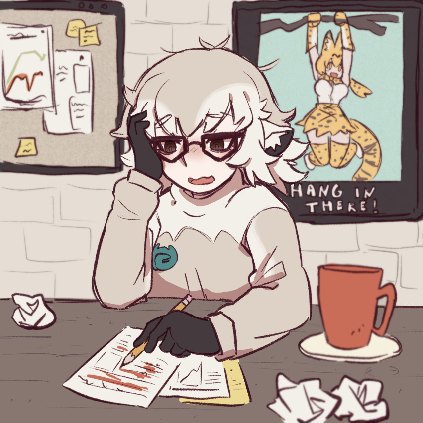 2girls, bow, bowtie, brown_eyes, cup, desk, english_commentary, glasses