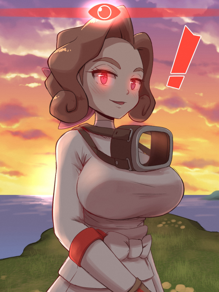 !, 1girl, alpha_pokemon, alternate_breast_size, blush, breasts, brown_hair, clouds