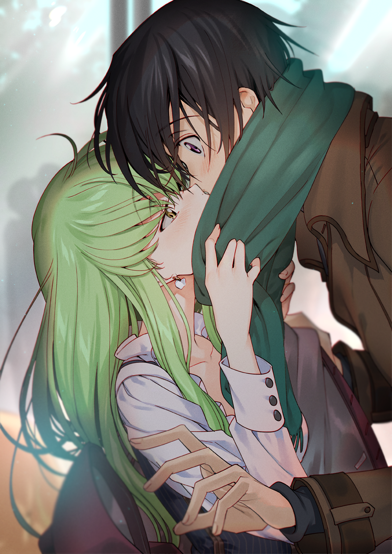 1boy, 1girl, ahoge, black_hair, blush, brown_coat, c.c., coat, code_geass, collared_shirt, couple, creayus, earrings, eye_contact, green_hair, green_scarf, height_difference, hetero, jewelry, kiss, lelouch_lamperouge, long_hair, long_sleeves, looking_at_another, scarf, scarf_grab, shirt, short_hair, upper_body, violet_eyes, white_shirt, wide-eyed, yellow_eyes