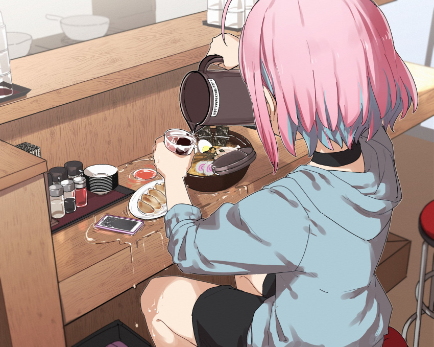 1girl, blue_hair, bowl, cellphone, choker, commentary, condiment, cracked_phone
