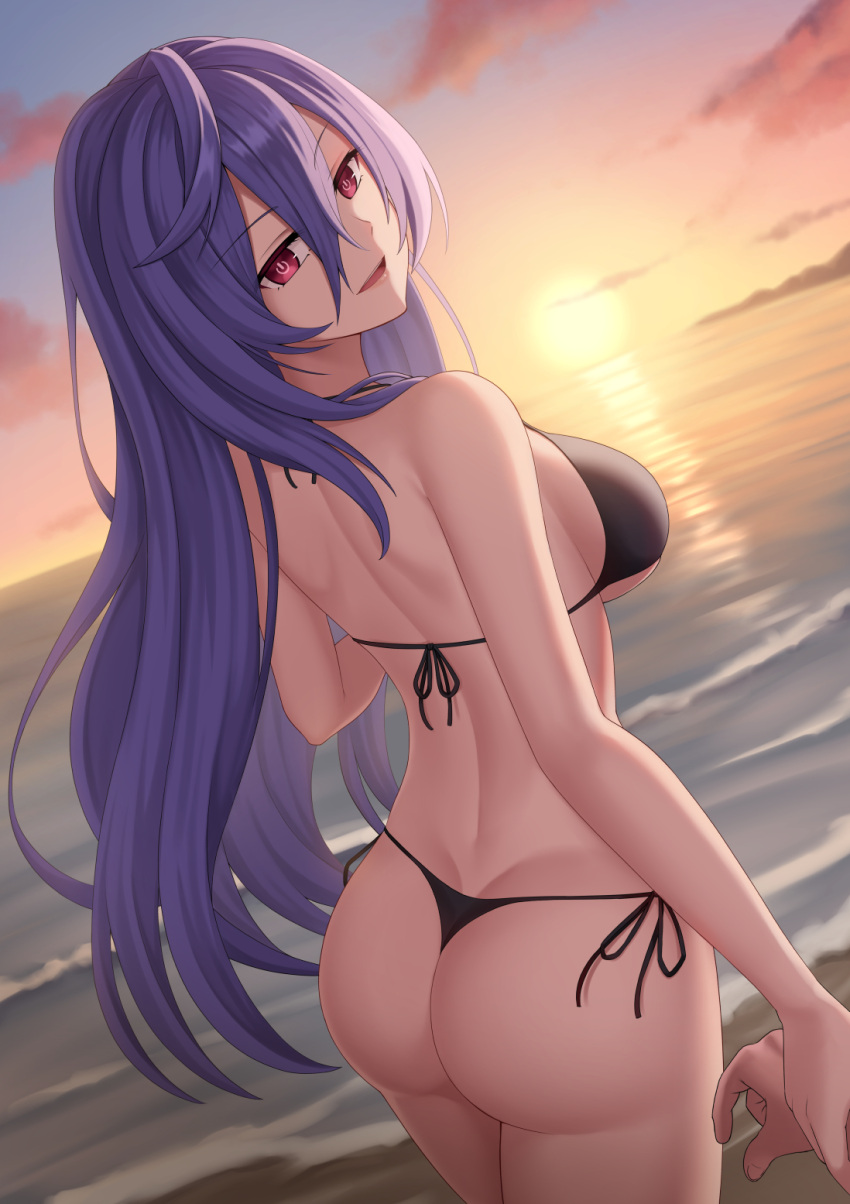 1boy, 1girl, ass, bangs, beach, bikini, black_bikini, breasts