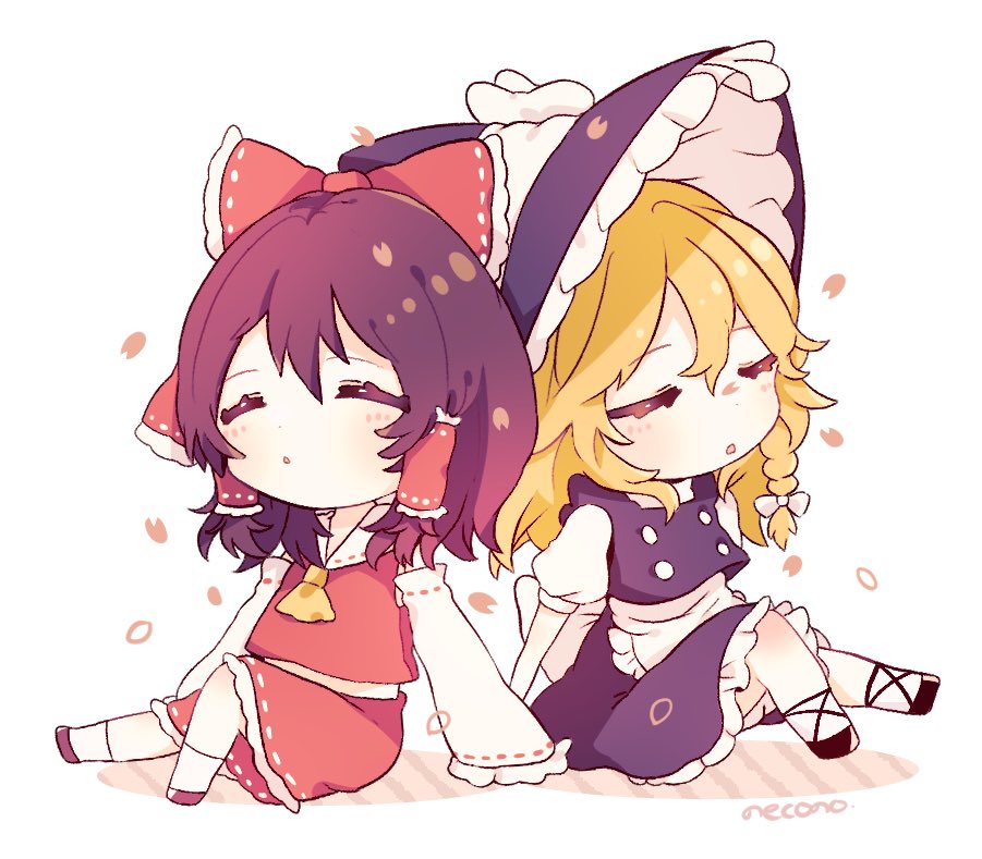 2girls, apron, artist_name, back_bow, bangs, bare_shoulders, black_dress, black_footwear