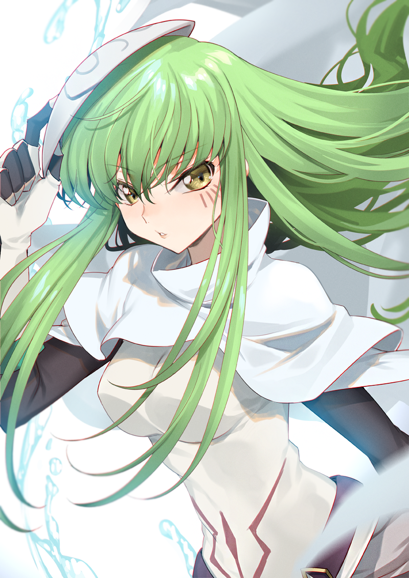 1girl, bangs, black_sleeves, c.c., cape, code_geass, cosplay, creayus