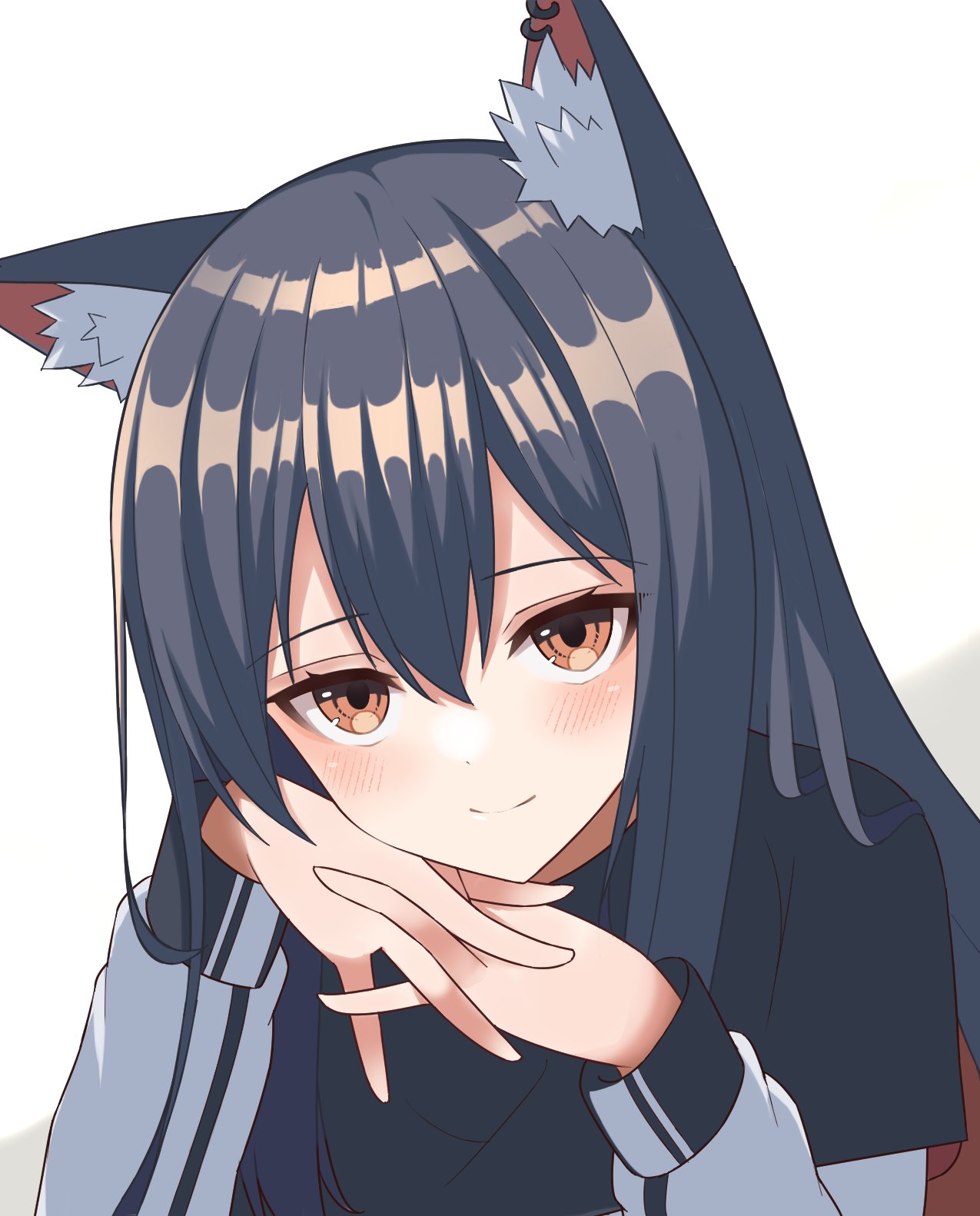 1girl, animal_ear_fluff, animal_ears, arknights, bangs, black_capelet, black_hair, blush