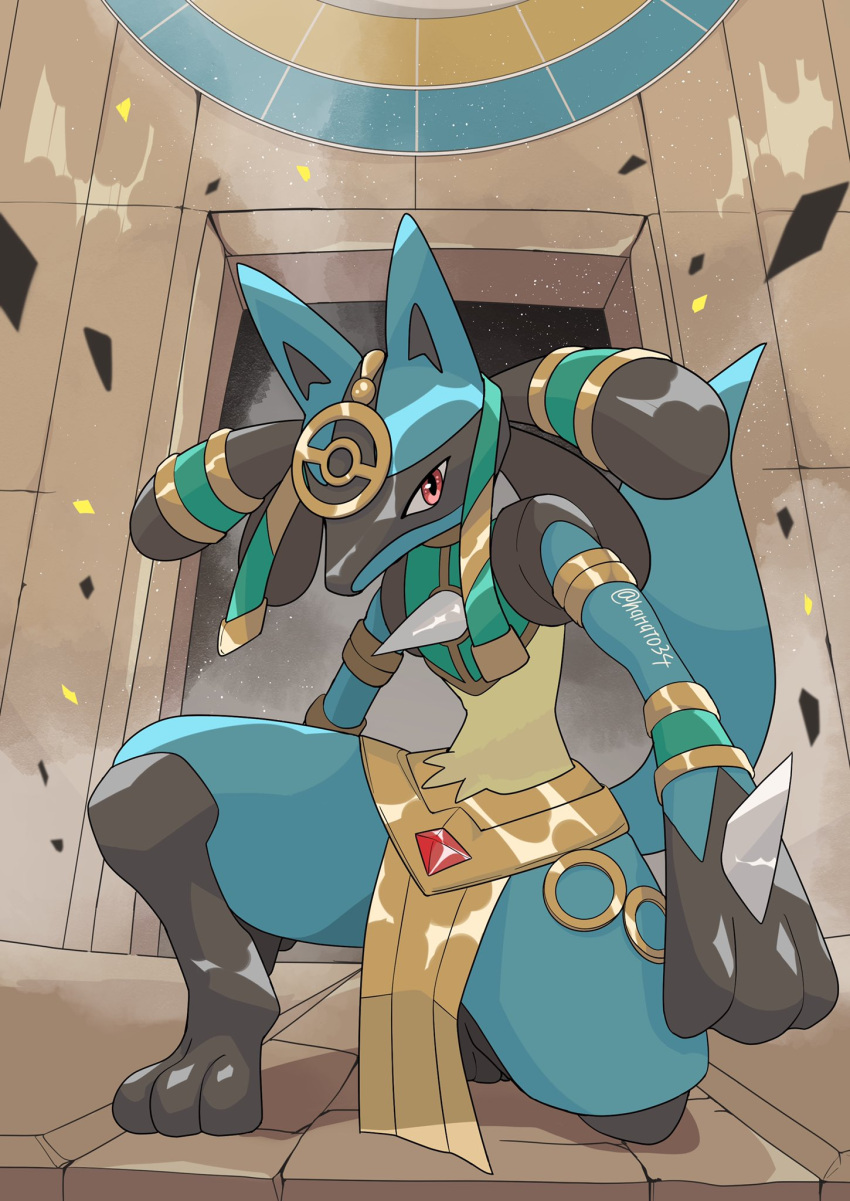 commentary_request, full_body, hanato_yousei, highres, jewelry, looking_at_viewer, lucario, one_knee