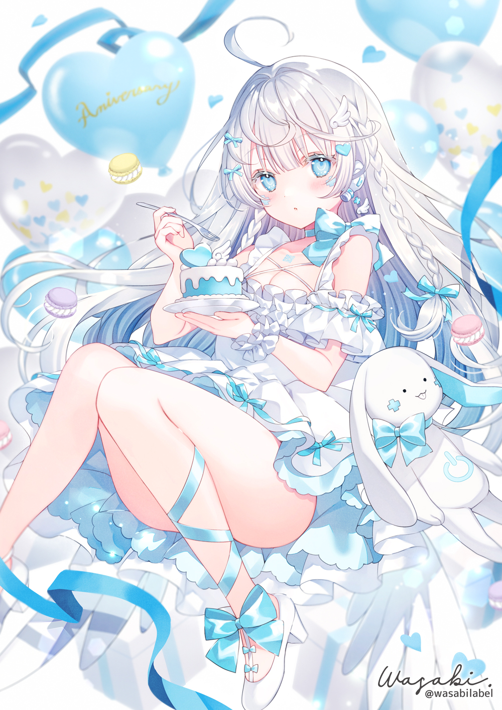 1girl, :o, ahoge, bare_legs, birthday, birthday_cake, blue_bow, blush