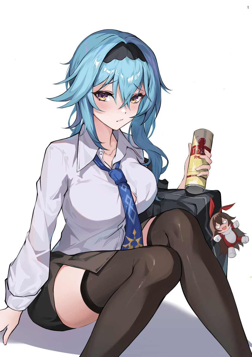 1girl, absurdres, amber_(genshin_impact), bangs, black_hairband, black_legwear, black_skirt, blue_hair