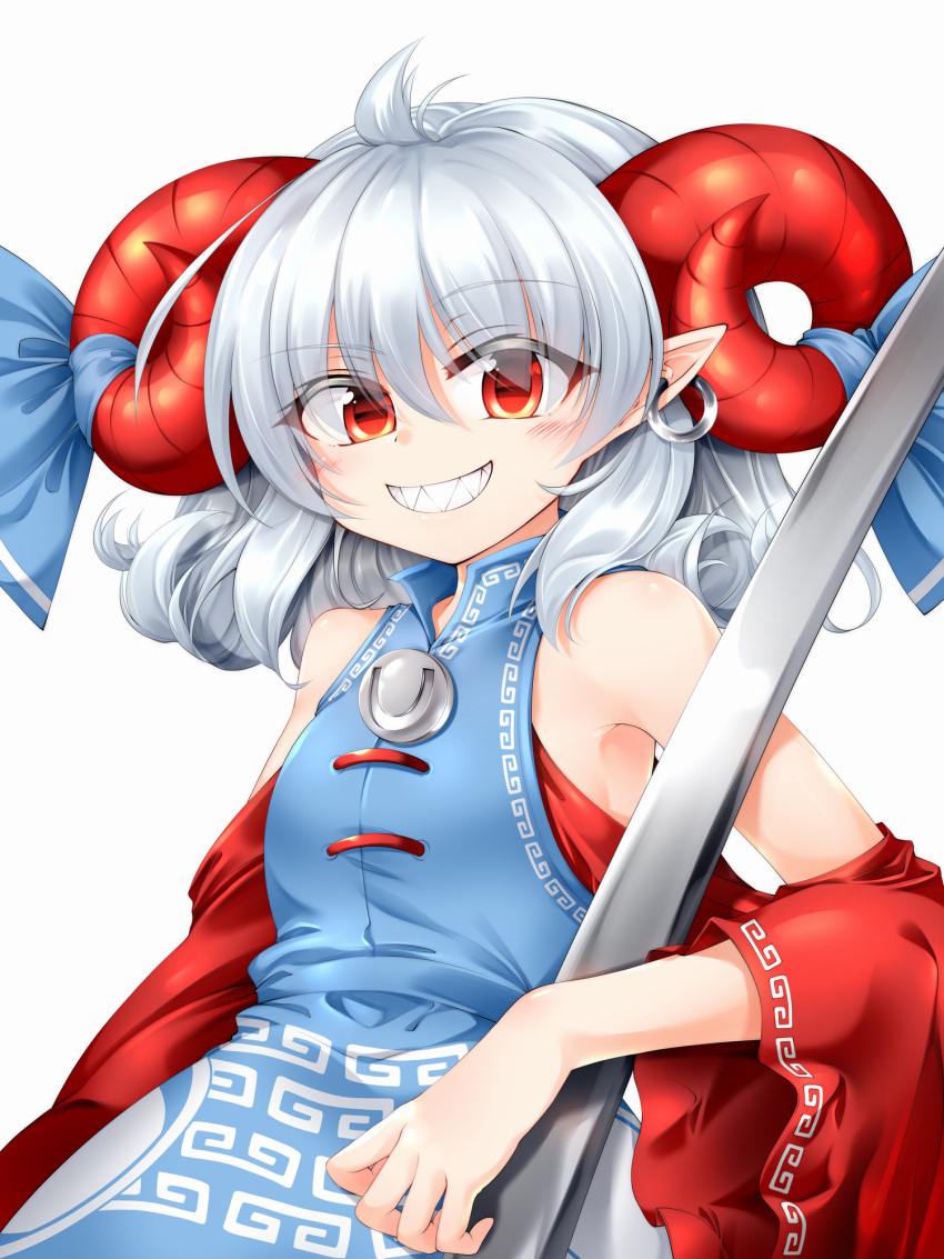 1girl, ahoge, armpits, bangs, bare_shoulders, blue_dress, blue_ribbon, blush, breasts, closed_mouth, commentary_request, dress, earrings, eyebrows_visible_through_hair, eyes_visible_through_hair, grey_hair, hair_between_eyes, highres, horns, jewelry, looking_at_viewer, marukyuu_ameya, medium_breasts, off-shoulder_dress, off_shoulder, pointy_ears, red_eyes, ribbon, sharp_teeth, short_sleeves, simple_background, smile, solo, spoon, standing, teeth, touhou, touhou_gouyoku_ibun, toutetsu_yuuma, weapon, white_background, wide_sleeves