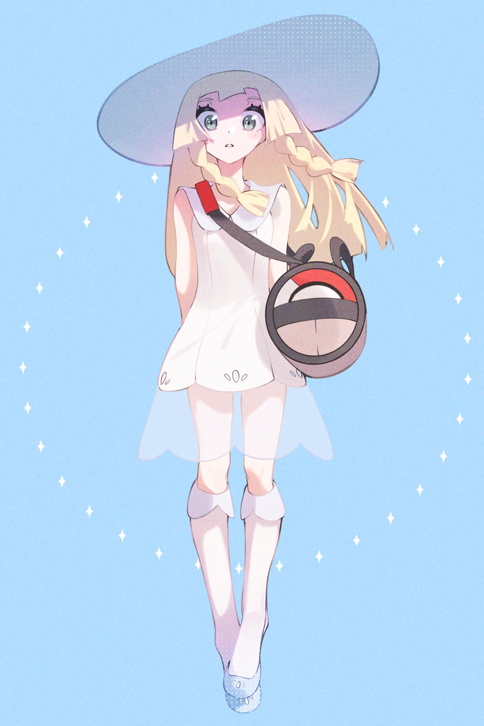 1girl, aoi_(altea0923), arms_behind_back, bag, bangs, blonde_hair, blue_footwear, blunt_bangs, braid, collared_dress, commentary_request, dress, duffel_bag, eyelashes, full_body, green_eyes, hat, highres, kneehighs, lillie_(pokemon), long_hair, looking_at_viewer, parted_lips, poke_ball_theme, pokemon, pokemon_(game), pokemon_sm, see-through, shoes, sleeveless, sleeveless_dress, solo, sun_hat, sundress, twin_braids, white_dress, white_headwear, white_legwear