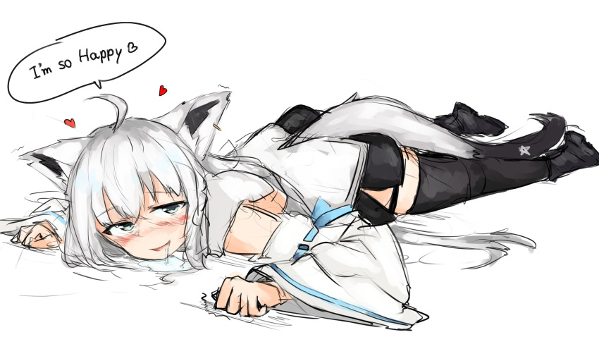 1girl, animal_ears, bangs, black_legwear, black_shorts, blush, braid, commentary_request, detached_sleeves, drooling, english_text, eyebrows_visible_through_hair, fox_ears, fox_girl, fox_tail, green_eyes, hair_between_eyes, heart, highres, hololive, hood, hoodie, long_hair, looking_at_viewer, lying, on_stomach, open_mouth, pentagram, shirakami_fubuki, short_shorts, shorts, sidelocks, simple_background, single_braid, single_thighhigh, sketch, solo, suzu_coconatu, tail, thigh-highs, trembling, virtual_youtuber, white_background, white_hair, white_hoodie