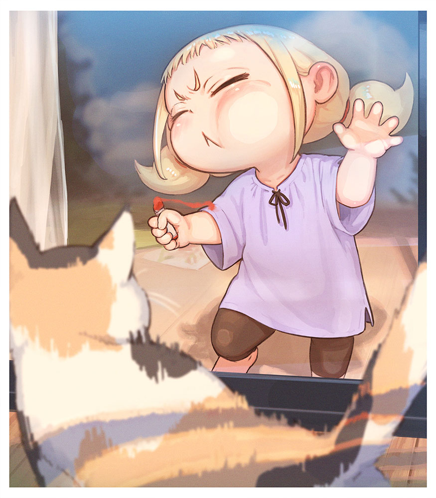 1girl, :<, animal, black_legwear, blonde_hair, blurry, blurry_background, border