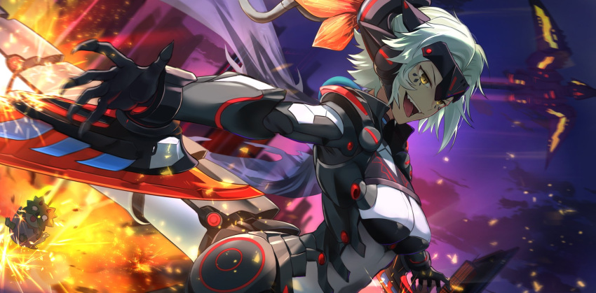 1girl, :d, aircraft, arm_blade, armor, armored_bodysuit, bangs, black_bodysuit