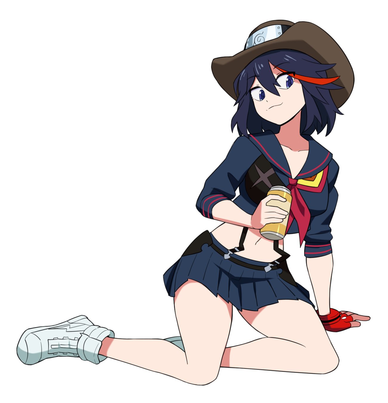 1girl, arm_support, bangs, black_hair, blue_eyes, breasts, can, eyebrows_visible_through_hair, fingerless_gloves, flowers-imh, full_body, gloves, highres, holding, holding_can, kill_la_kill, kneeling, matoi_ryuuko, multicolored_hair, pleated_skirt, red_gloves, redhead, school_uniform, senketsu, short_hair, single_glove, skirt, smile, soda_can, solo, streaked_hair, two-tone_hair