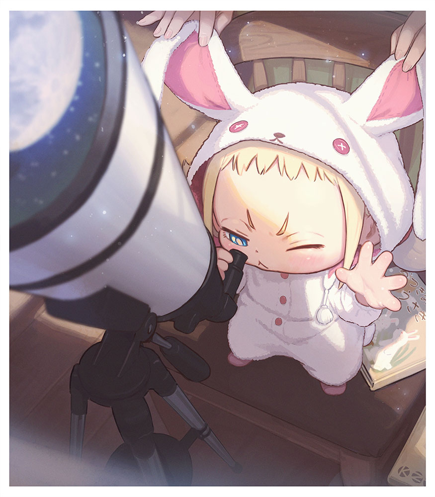 1girl, :<, ;<, animal_costume, animal_hood, blonde_hair, blue_eyes, book