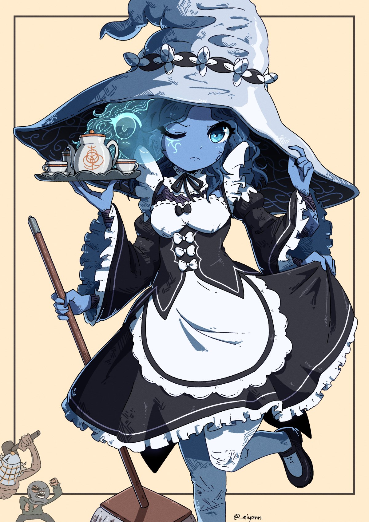 1girl, 2boys, alternate_costume, apron, black_dress, black_footwear, blue_eyes, blue_hair, closed_mouth, cup, dress, elden_ring, enmaided, extra_arms, frown, hat, helmet, highres, holding, holding_mop, holding_tray, juliet_sleeves, long_sleeves, looking_at_viewer, maid, mary_janes, miyan_(oceanmaiden), mop, multiple_boys, pantyhose, prisoner_(elden_ring), puffy_sleeves, ranni_the_witch, re:zero_kara_hajimeru_isekai_seikatsu, roswaal_mansion_maid_uniform, shoes, simple_background, skirt_hold, smile, solo, solo_focus, tarnished_(elden_ring), teacup, teapot, tray, twitter_username, waist_apron, war_counselor_iji, white_apron, white_legwear, witch_hat, yellow_background