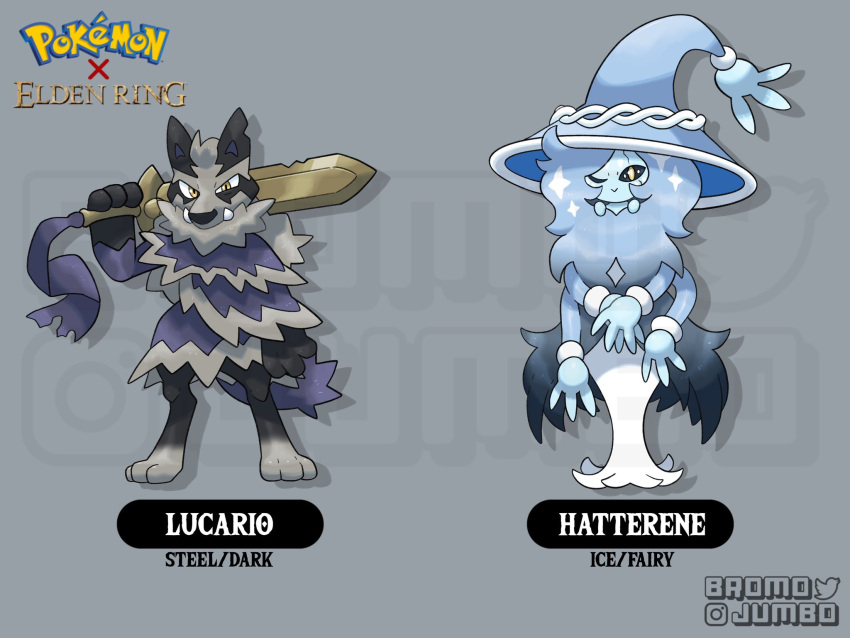 blaidd_the_half-wolf, bromojumbo, closed_mouth, elden_ring, extra_arms, fusion, hat, hatterene, highres, holding, holding_sword, holding_weapon, honedge, instagram_username, logo, looking_at_viewer, lucario, no_humans, one_eye_closed, pokemon, ranni_the_witch, smile, sword, twitter_username, weapon, witch_hat