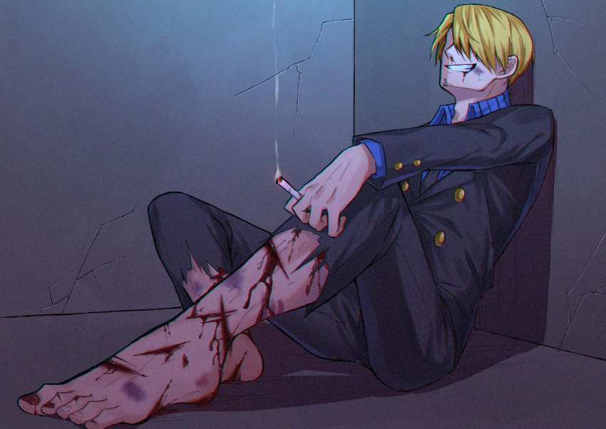 1boy, barefoot, between_fingers, blonde_hair, blood, cigarette, commentary_request, facial_hair