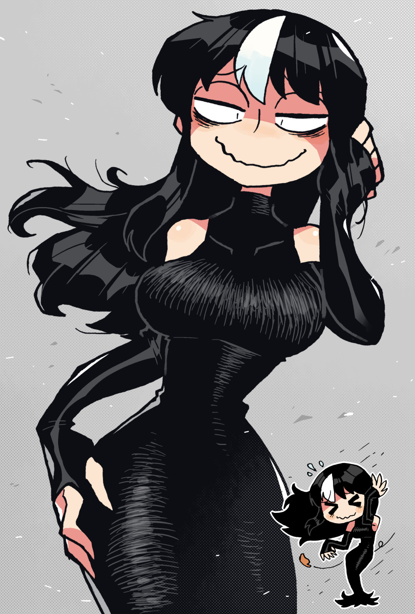 1girl, absurdres, black_dress, black_gloves, black_hair, blush, breasts, chibi
