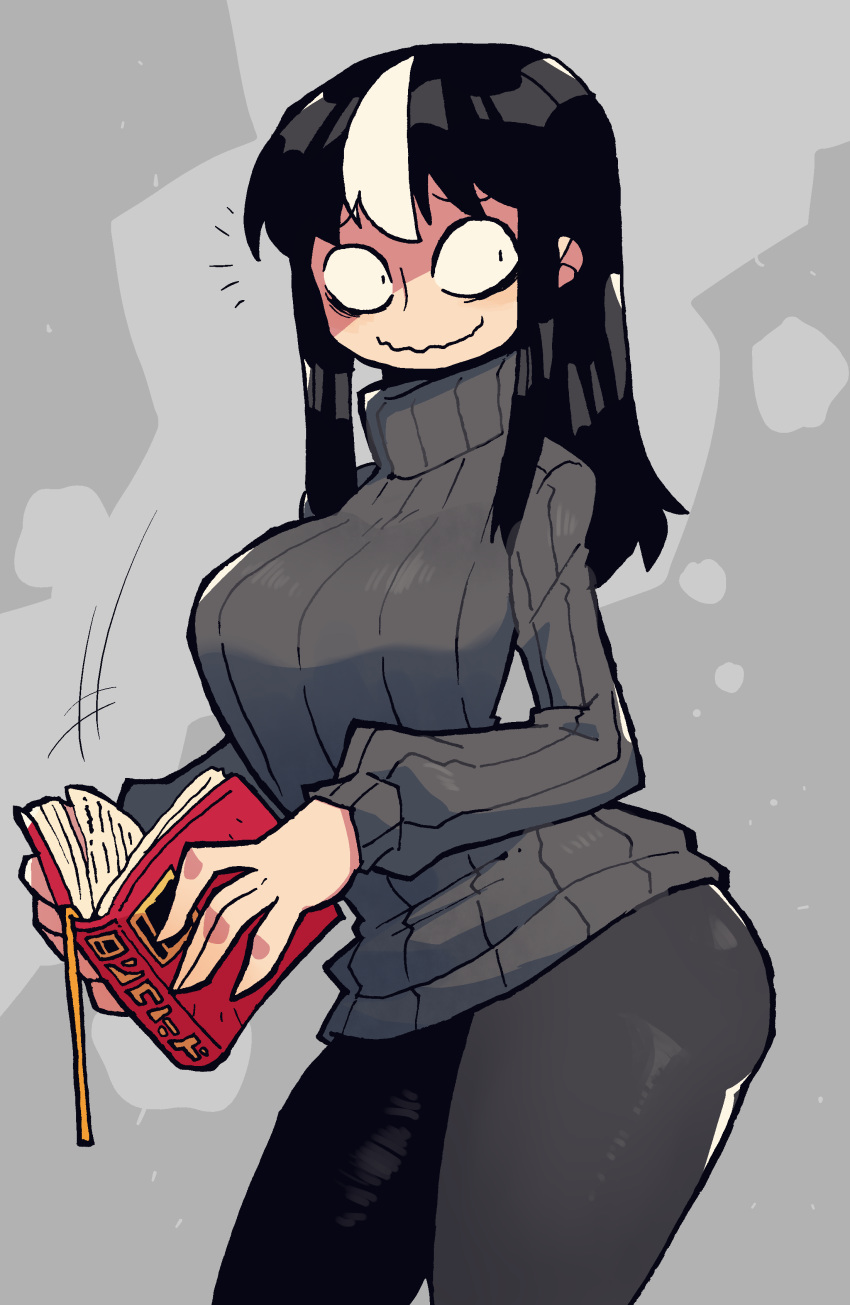 1girl, absurdres, alternate_costume, book, breasts, grey_pants, grey_sweater, highres