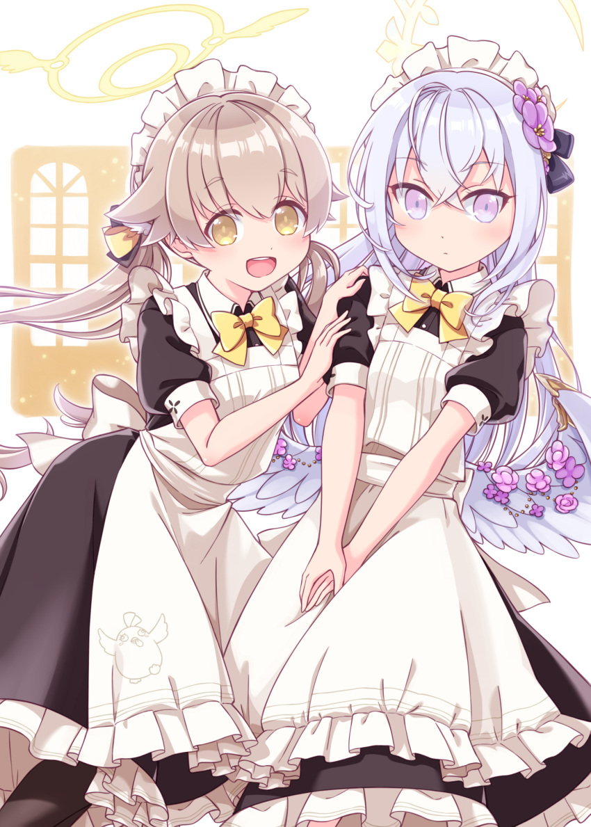 1girl, :d, alternate_costume, apron, azusa_(blue_archive), black_dress, black_legwear, blue_archive, bow, brown_eyes, brown_hair, closed_mouth, collared_dress, commentary_request, dress, enmaided, feathered_wings, flower, frilled_apron, frilled_dress, frills, grey_wings, haloid, harada_(sansei_rain), hifumi_(blue_archive), highres, long_hair, low_twintails, low_wings, maid, maid_apron, maid_headdress, pink_flower, puffy_short_sleeves, puffy_sleeves, purple_flower, short_sleeves, silver_hair, smile, solo, thigh-highs, twintails, very_long_hair, violet_eyes, white_apron, wings, yellow_bow
